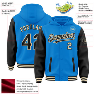 Custom Powder Blue Black-Cream Bomber Full-Snap Varsity Letterman Two Tone Hoodie Jacket