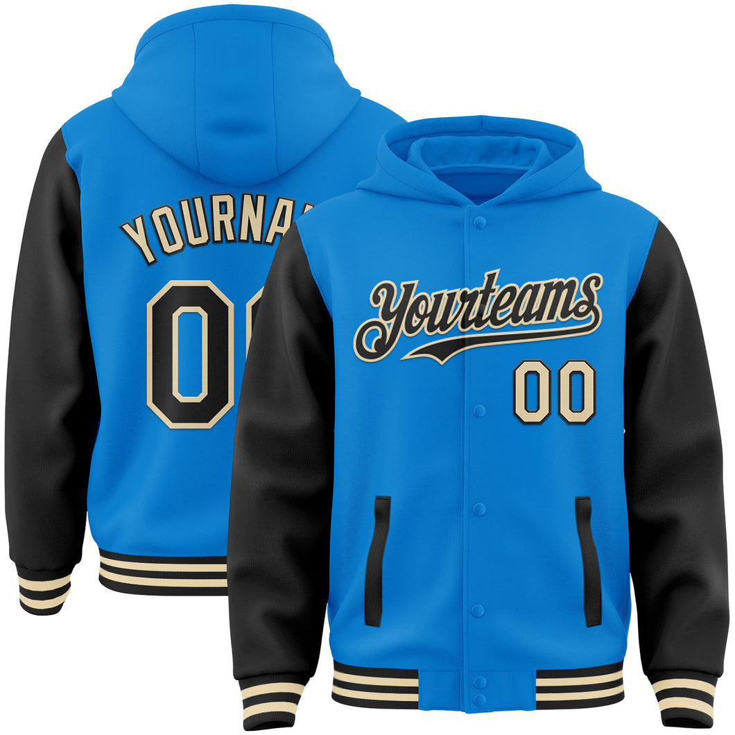 Custom Powder Blue Black-Cream Bomber Full-Snap Varsity Letterman Two Tone Hoodie Jacket