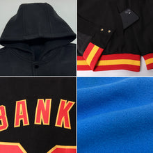 Charger l&#39;image dans la galerie, Custom Powder Blue Black-Red Bomber Full-Snap Varsity Letterman Two Tone Hoodie Jacket
