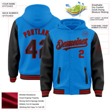 Charger l&#39;image dans la galerie, Custom Powder Blue Black-Red Bomber Full-Snap Varsity Letterman Two Tone Hoodie Jacket
