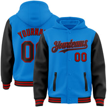 Charger l&#39;image dans la galerie, Custom Powder Blue Black-Red Bomber Full-Snap Varsity Letterman Two Tone Hoodie Jacket
