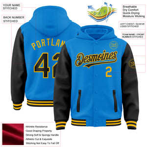 Custom Powder Blue Black-Gold Bomber Full-Snap Varsity Letterman Two Tone Hoodie Jacket