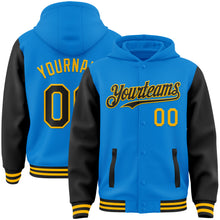 Charger l&#39;image dans la galerie, Custom Powder Blue Black-Gold Bomber Full-Snap Varsity Letterman Two Tone Hoodie Jacket
