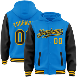 Custom Powder Blue Black-Gold Bomber Full-Snap Varsity Letterman Two Tone Hoodie Jacket