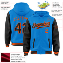 Charger l&#39;image dans la galerie, Custom Powder Blue Black-Orange Bomber Full-Snap Varsity Letterman Two Tone Hoodie Jacket
