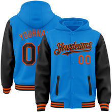 Charger l&#39;image dans la galerie, Custom Powder Blue Black-Orange Bomber Full-Snap Varsity Letterman Two Tone Hoodie Jacket
