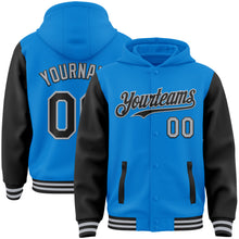 Load image into Gallery viewer, Custom Powder Blue Black-Gray Bomber Full-Snap Varsity Letterman Two Tone Hoodie Jacket
