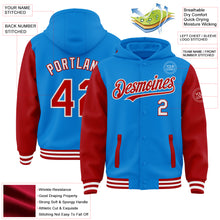 Charger l&#39;image dans la galerie, Custom Powder Blue Red-White Bomber Full-Snap Varsity Letterman Two Tone Hoodie Jacket
