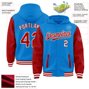 Custom Powder Blue Red-White Bomber Full-Snap Varsity Letterman Two Tone Hoodie Jacket