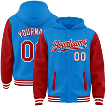 Charger l&#39;image dans la galerie, Custom Powder Blue Red-White Bomber Full-Snap Varsity Letterman Two Tone Hoodie Jacket
