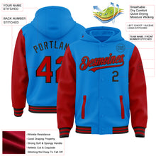 Charger l&#39;image dans la galerie, Custom Powder Blue Red-Black Bomber Full-Snap Varsity Letterman Two Tone Hoodie Jacket
