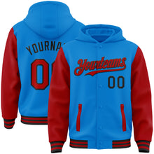 Charger l&#39;image dans la galerie, Custom Powder Blue Red-Black Bomber Full-Snap Varsity Letterman Two Tone Hoodie Jacket
