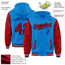 Charger l&#39;image dans la galerie, Custom Powder Blue Red-Navy Bomber Full-Snap Varsity Letterman Two Tone Hoodie Jacket
