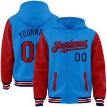 Charger l&#39;image dans la galerie, Custom Powder Blue Red-Navy Bomber Full-Snap Varsity Letterman Two Tone Hoodie Jacket
