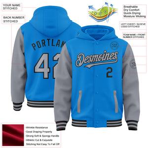 Custom Powder Blue Gray-Black Bomber Full-Snap Varsity Letterman Two Tone Hoodie Jacket