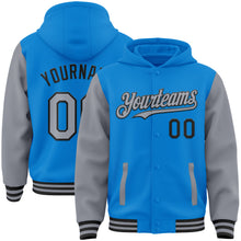 Charger l&#39;image dans la galerie, Custom Powder Blue Gray-Black Bomber Full-Snap Varsity Letterman Two Tone Hoodie Jacket
