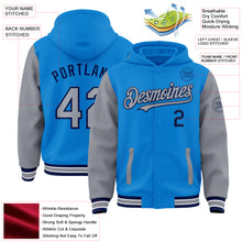 Load image into Gallery viewer, Custom Powder Blue Gray-Navy Bomber Full-Snap Varsity Letterman Two Tone Hoodie Jacket
