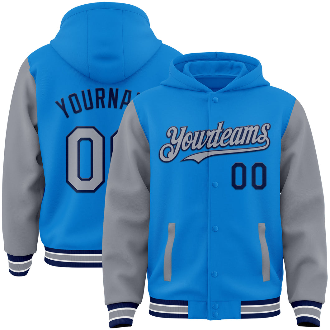 Custom Powder Blue Gray-Navy Bomber Full-Snap Varsity Letterman Two Tone Hoodie Jacket