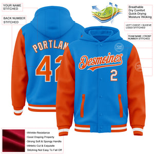 Custom Powder Blue Orange-White Bomber Full-Snap Varsity Letterman Two Tone Hoodie Jacket