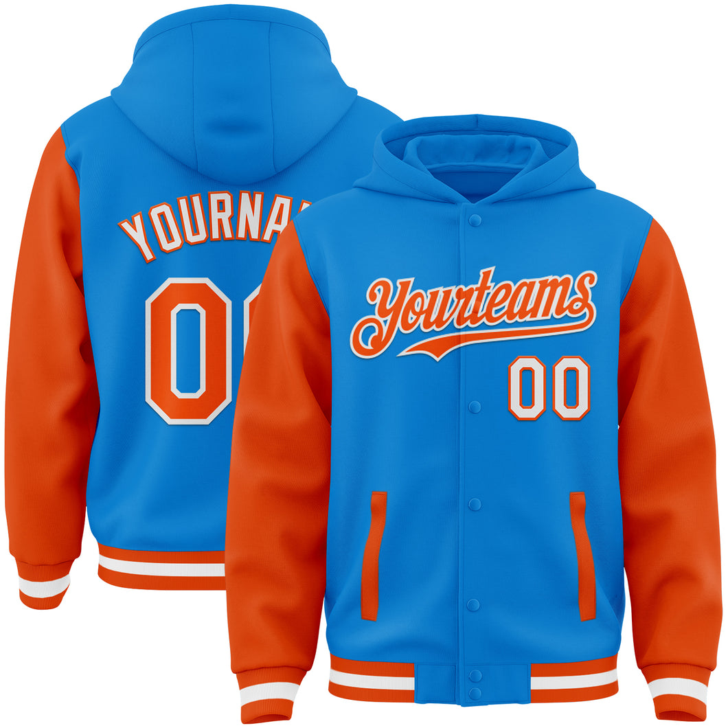 Custom Powder Blue Orange-White Bomber Full-Snap Varsity Letterman Two Tone Hoodie Jacket