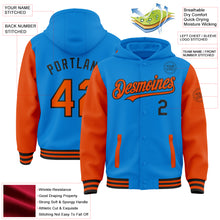 Charger l&#39;image dans la galerie, Custom Powder Blue Orange-Black Bomber Full-Snap Varsity Letterman Two Tone Hoodie Jacket
