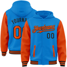 Charger l&#39;image dans la galerie, Custom Powder Blue Orange-Black Bomber Full-Snap Varsity Letterman Two Tone Hoodie Jacket
