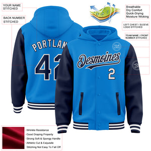 Custom Powder Blue Navy-White Bomber Full-Snap Varsity Letterman Two Tone Hoodie Jacket