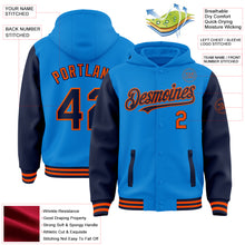 Charger l&#39;image dans la galerie, Custom Powder Blue Navy-Orange Bomber Full-Snap Varsity Letterman Two Tone Hoodie Jacket
