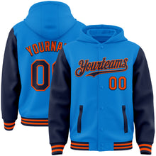 Charger l&#39;image dans la galerie, Custom Powder Blue Navy-Orange Bomber Full-Snap Varsity Letterman Two Tone Hoodie Jacket
