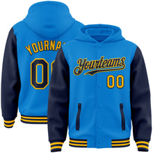 Charger l&#39;image dans la galerie, Custom Powder Blue Navy-Gold Bomber Full-Snap Varsity Letterman Two Tone Hoodie Jacket
