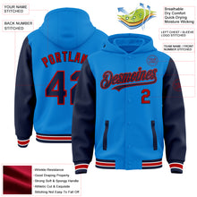 Charger l&#39;image dans la galerie, Custom Powder Blue Navy-Red Bomber Full-Snap Varsity Letterman Two Tone Hoodie Jacket
