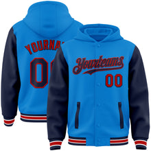 Charger l&#39;image dans la galerie, Custom Powder Blue Navy-Red Bomber Full-Snap Varsity Letterman Two Tone Hoodie Jacket
