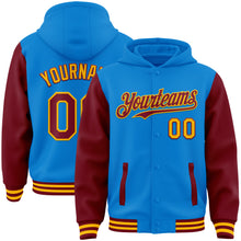 Load image into Gallery viewer, Custom Powder Blue Crimson-Gold Bomber Full-Snap Varsity Letterman Two Tone Hoodie Jacket
