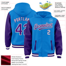 Charger l&#39;image dans la galerie, Custom Powder Blue Purple-White Bomber Full-Snap Varsity Letterman Two Tone Hoodie Jacket
