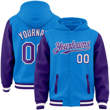 Charger l&#39;image dans la galerie, Custom Powder Blue Purple-White Bomber Full-Snap Varsity Letterman Two Tone Hoodie Jacket
