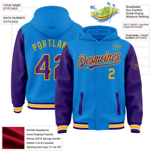 Custom Powder Blue Purple-Gold Bomber Full-Snap Varsity Letterman Two Tone Hoodie Jacket