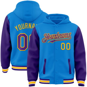 Custom Powder Blue Purple-Gold Bomber Full-Snap Varsity Letterman Two Tone Hoodie Jacket