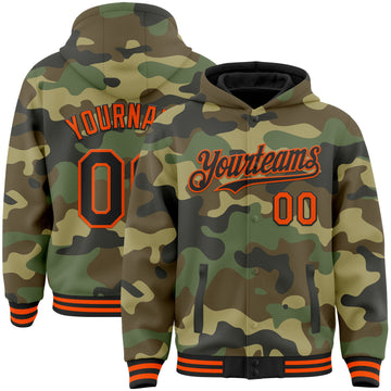 Custom Camo Black-Orange Bomber Full-Snap Varsity Letterman Salute To Service Hoodie Jacket