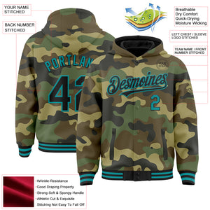 Custom Camo Black-Teal Bomber Full-Snap Varsity Letterman Salute To Service Hoodie Jacket