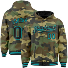 Загрузить изображение в средство просмотра галереи, Custom Camo Black-Teal Bomber Full-Snap Varsity Letterman Salute To Service Hoodie Jacket
