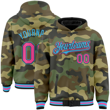 Custom Camo Pink Black-Sky Blue Bomber Full-Snap Varsity Letterman Salute To Service Hoodie Jacket