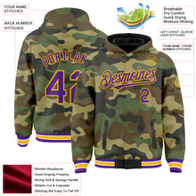 Загрузить изображение в средство просмотра галереи, Custom Camo Purple-Gold Bomber Full-Snap Varsity Letterman Salute To Service Hoodie Jacket
