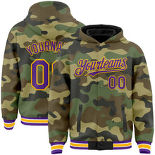 Загрузить изображение в средство просмотра галереи, Custom Camo Purple-Gold Bomber Full-Snap Varsity Letterman Salute To Service Hoodie Jacket
