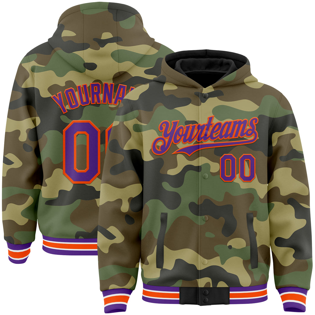 Custom Camo Purple-Orange Bomber Full-Snap Varsity Letterman Salute To Service Hoodie Jacket