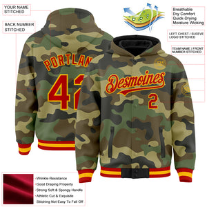 Custom Camo Red-Gold Bomber Full-Snap Varsity Letterman Salute To Service Hoodie Jacket