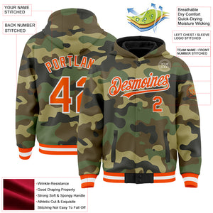 Custom Camo Orange-White Bomber Full-Snap Varsity Letterman Salute To Service Hoodie Jacket