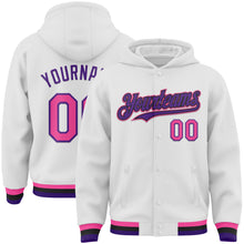 Загрузить изображение в средство просмотра галереи, Custom White Pink Purple-Black Bomber Full-Snap Varsity Letterman Hoodie Jacket
