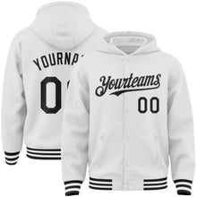 Charger l&#39;image dans la galerie, Custom White Black Bomber Full-Snap Varsity Letterman Hoodie Jacket
