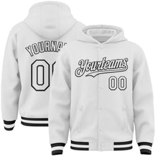 Загрузить изображение в средство просмотра галереи, Custom White Black Bomber Full-Snap Varsity Letterman Hoodie Jacket
