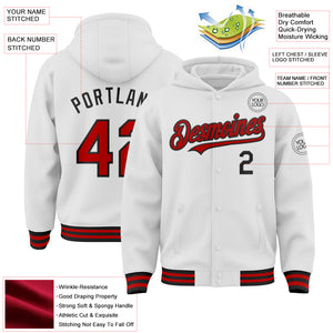 Custom White Red-Black Bomber Full-Snap Varsity Letterman Hoodie Jacket